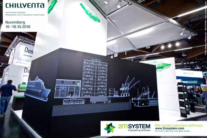 Bitzer stand cube with line drawings of ships, buildings and port cranes at Chillventa 2018