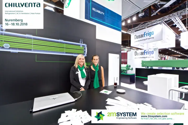 Bitzer stand staff at the counter in front of a heat exchanger graphic at Chillventa 2018