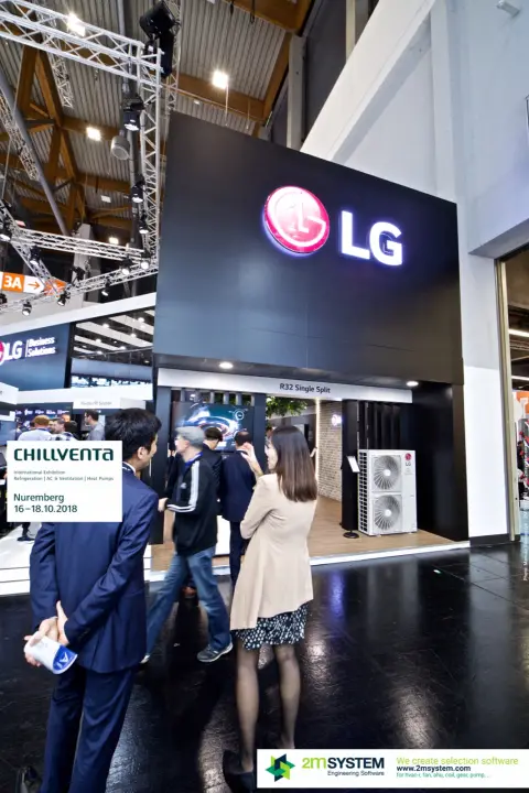 Black LG facade with illuminated logo over the R32 Single Split area at Chillventa 2018