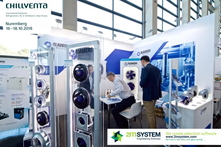 Blauberg Motoren display towers with centrifugal fans and motorised impellers at Chillventa 2018