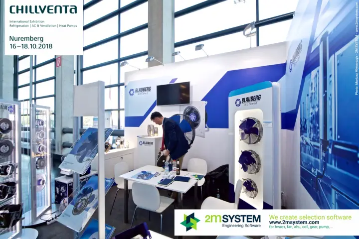 Blauberg Motoren stand with axial fan column and meeting table at Chillventa 2018