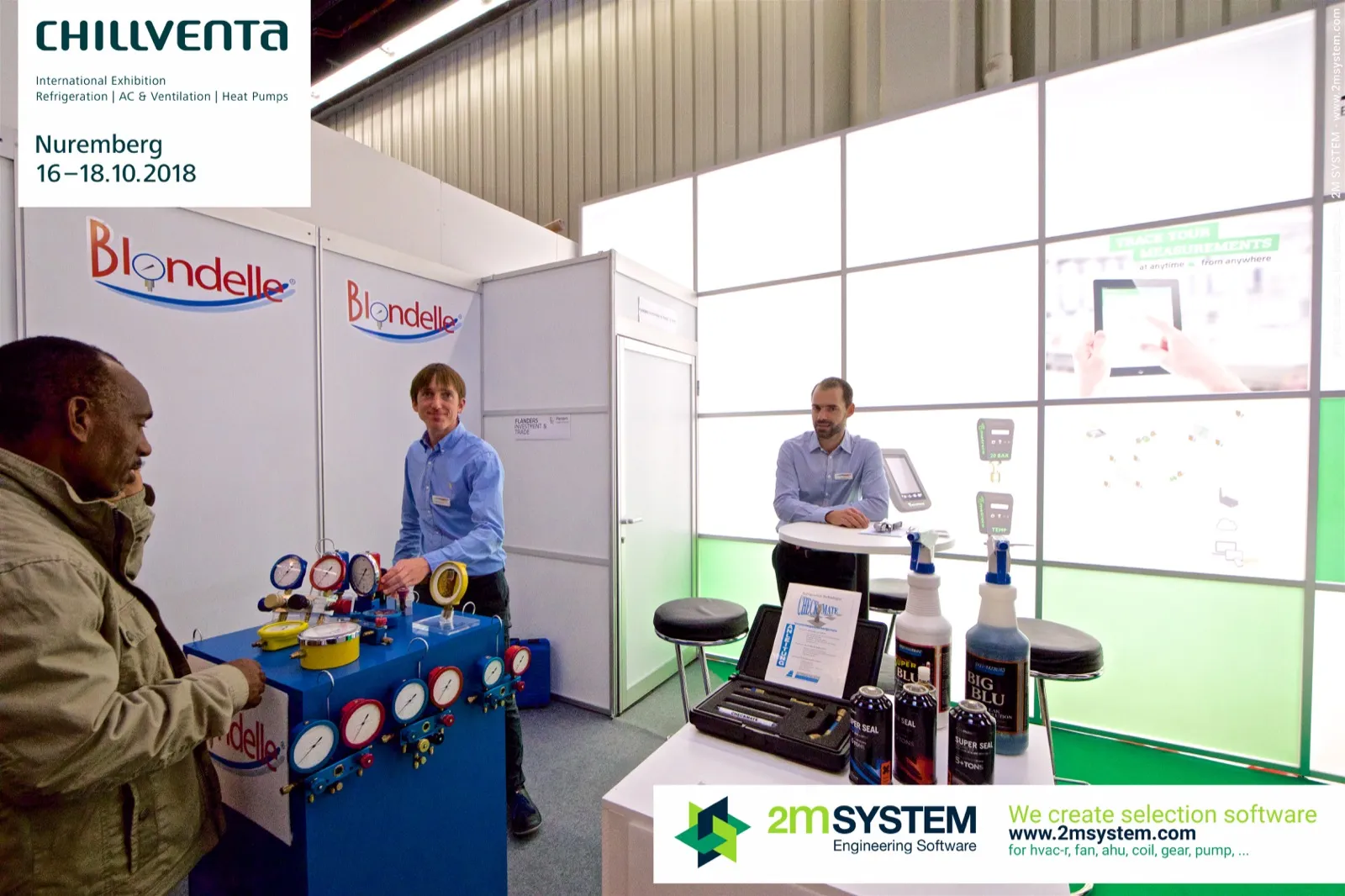 Blondelle manifold gauges on a blue display with Panimpex service products at Chillventa 2018