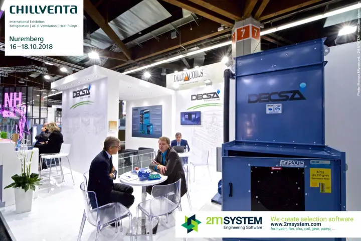 Blue Decsa unit labelled ErP2015 beside a white meeting area at Chillventa 2018