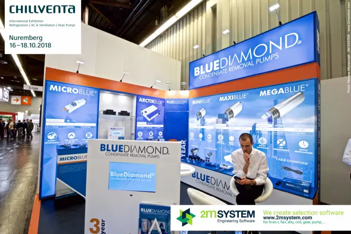 Blue Diamond condensate removal pumps stand with backlit fascia at Chillventa 2018