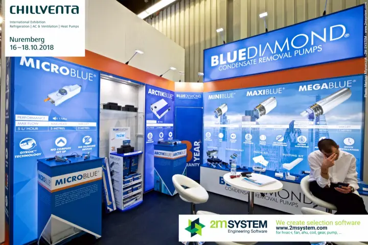 Blue Diamond pump range wall with MicroBlue and ArctikBlue plinths at Chillventa 2018