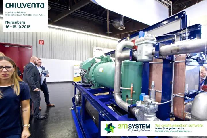 Blue-framed screw compressor unit with plate heat exchanger at Chillventa 2018