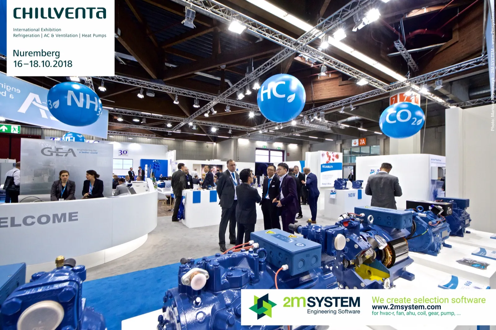 Blue GEA semi-hermetic compressors, one cut open, near the 'WELCOME' counter at Chillventa 2018