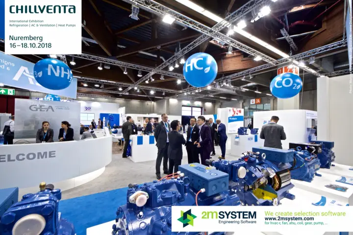 Blue GEA semi-hermetic compressors, one cut open, near the 'WELCOME' counter at Chillventa 2018