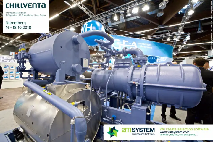 Blue-painted GEA screw compressor package with oil separator at Chillventa 2018