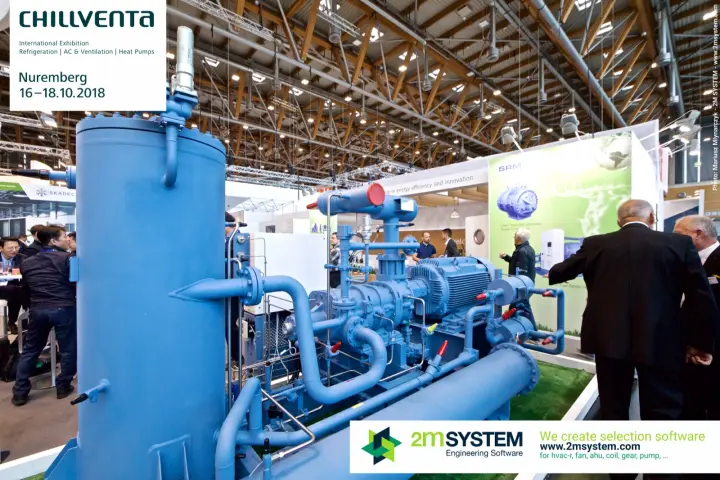 Blue SRM screw compressor package on artificial turf with visitors alongside at Chillventa 2018