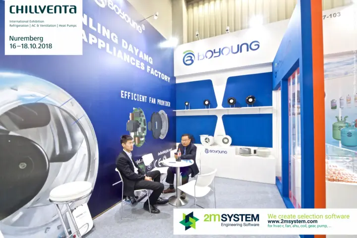 Boyoung stand with a fan motor graphic and blower samples at Chillventa 2018