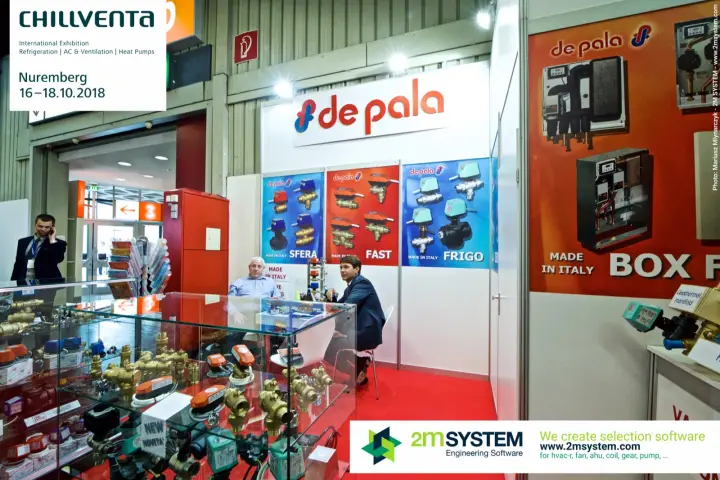 Brass motorised valves in a glass case at the De Pala stand at Chillventa 2018