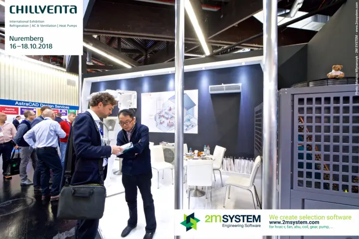 Brochure conversation beside a grey heat pump on the Comfy stand