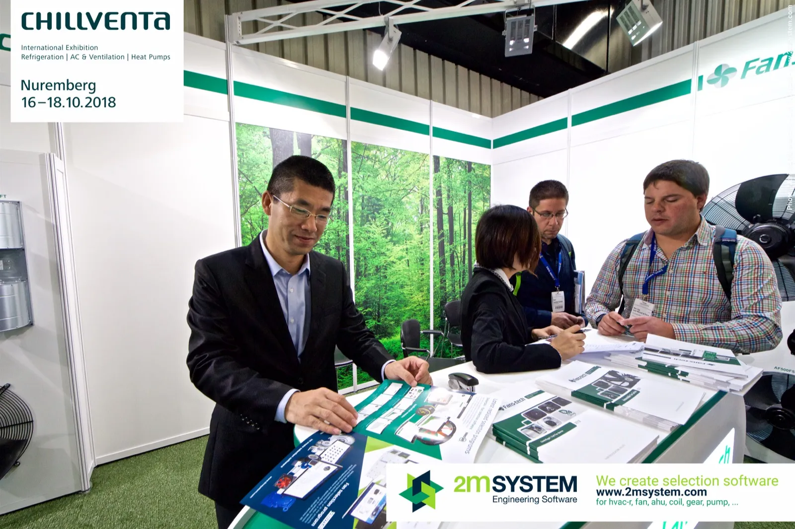Brochures spread on the Fans-tech counter during a visitor meeting at Chillventa 2018