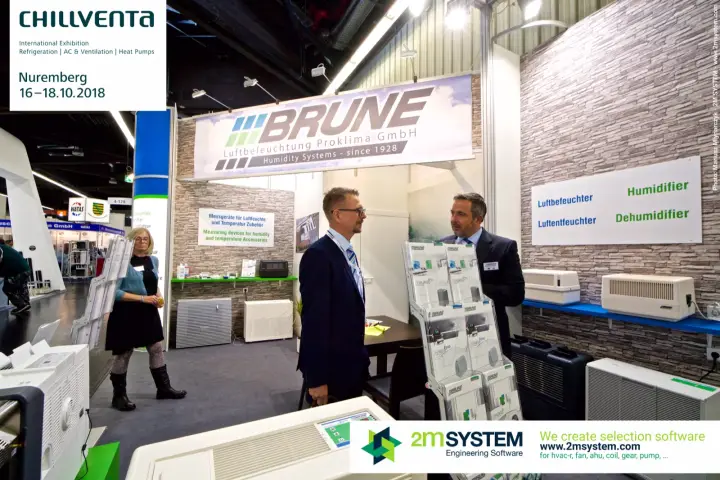 Brune humidifiers and dehumidifiers lined up on a blue shelf at Chillventa 2018