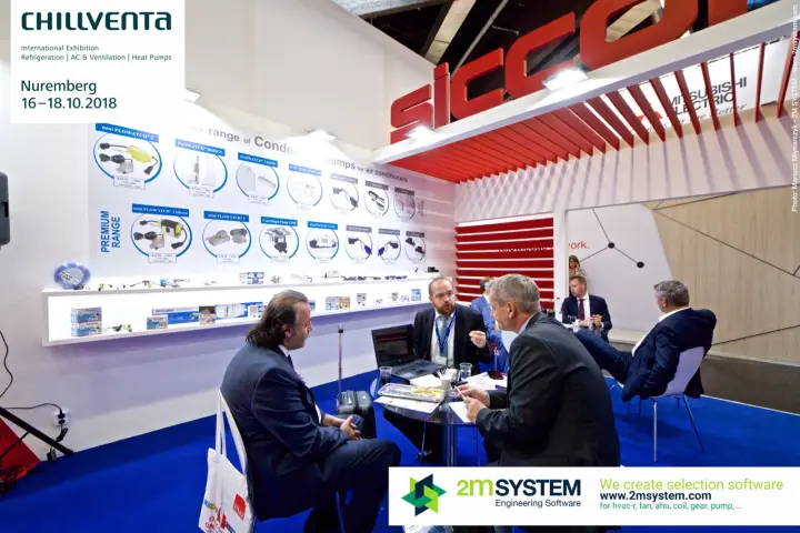 Business talks under the red Siccom sign and slatted canopy at Chillventa 2018