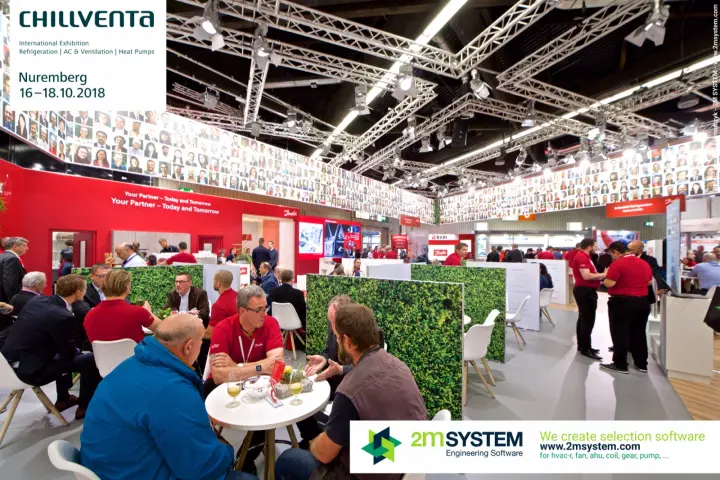 Busy Danfoss lounge with hedge-panel booths under a frieze of portraits at Chillventa 2018