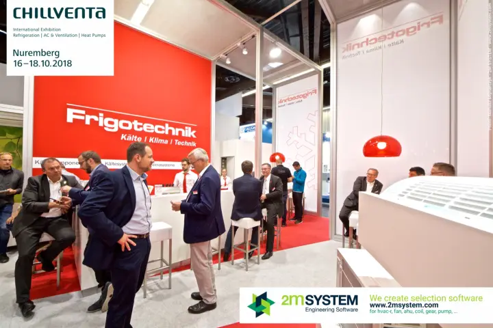 Busy Frigotechnik bar counter in front of the red logo wall at Chillventa 2018