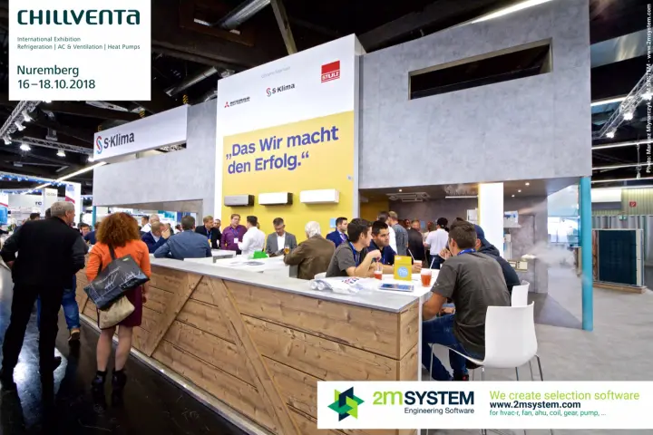Busy S-Klima stand with wooden bar counter and wall-mounted split units at Chillventa 2018