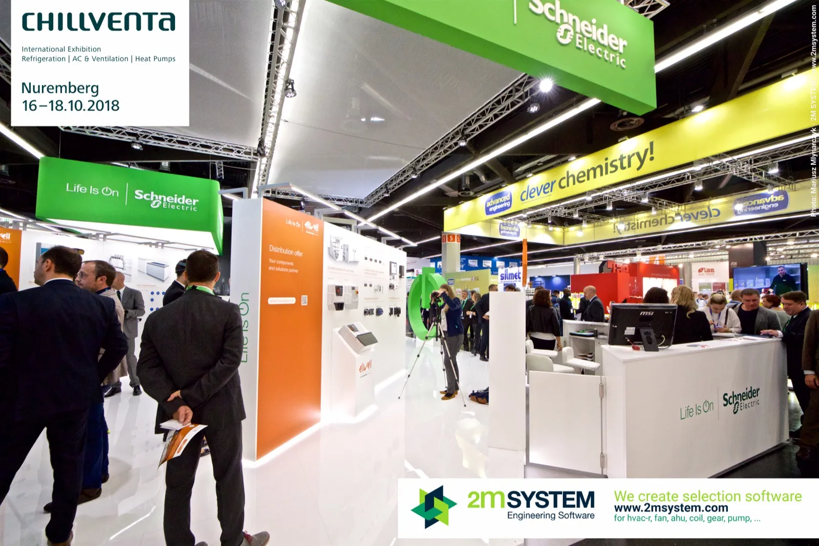 Busy Schneider Electric stand with the Eliwell distribution offer wall at Chillventa 2018