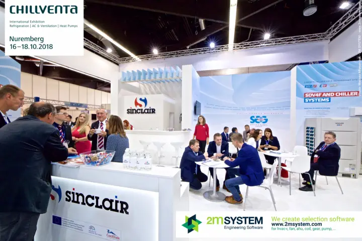 Busy Sinclair stand with illuminated counter and SDV4F and Chiller Systems wall at Chillventa 2018