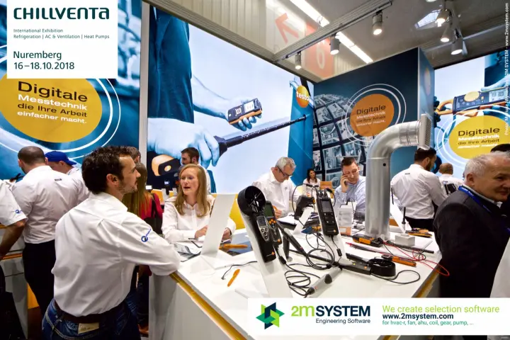 Busy Testo counter with anemometers and handheld meters on stands at Chillventa 2018