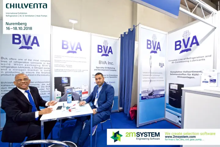 BVA staff at the meeting table among lubricant product panels at Chillventa 2018