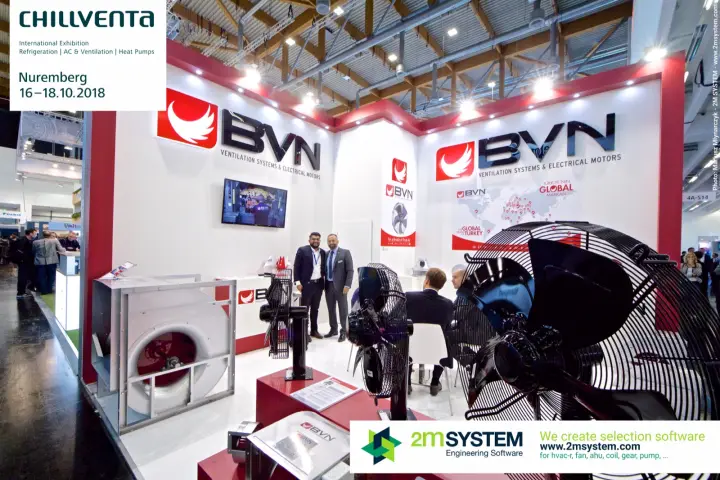 BVN stand with centrifugal fan and axial fans on red plinths at Chillventa 2018