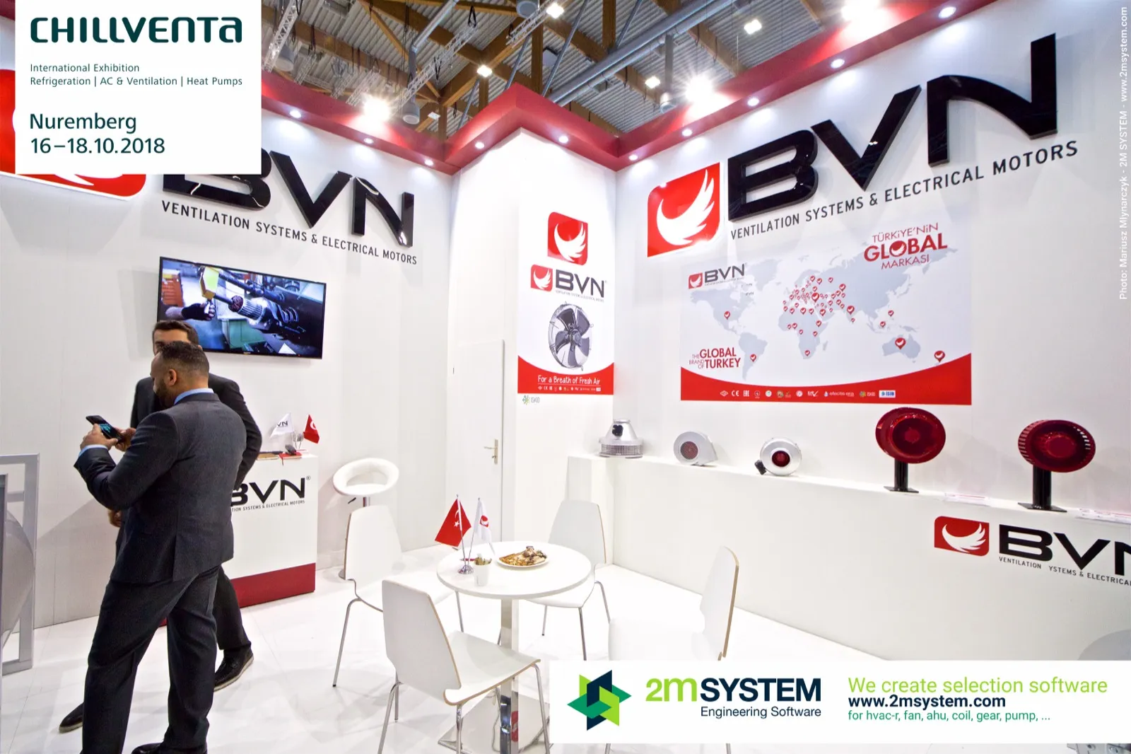 BVN stand interior with inline duct fans and red fans on a shelf at Chillventa 2018