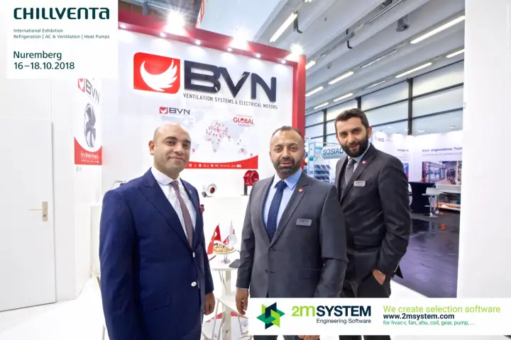BVN team in front of the 'Ventilation Systems & Electrical Motors' wall