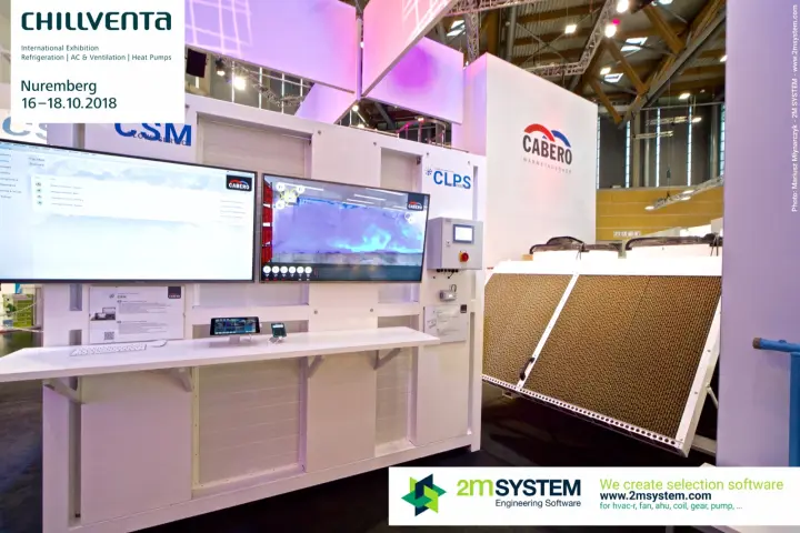 Cabero monitoring screens for CSM and CLPS beside an adiabatic cooler at Chillventa 2018