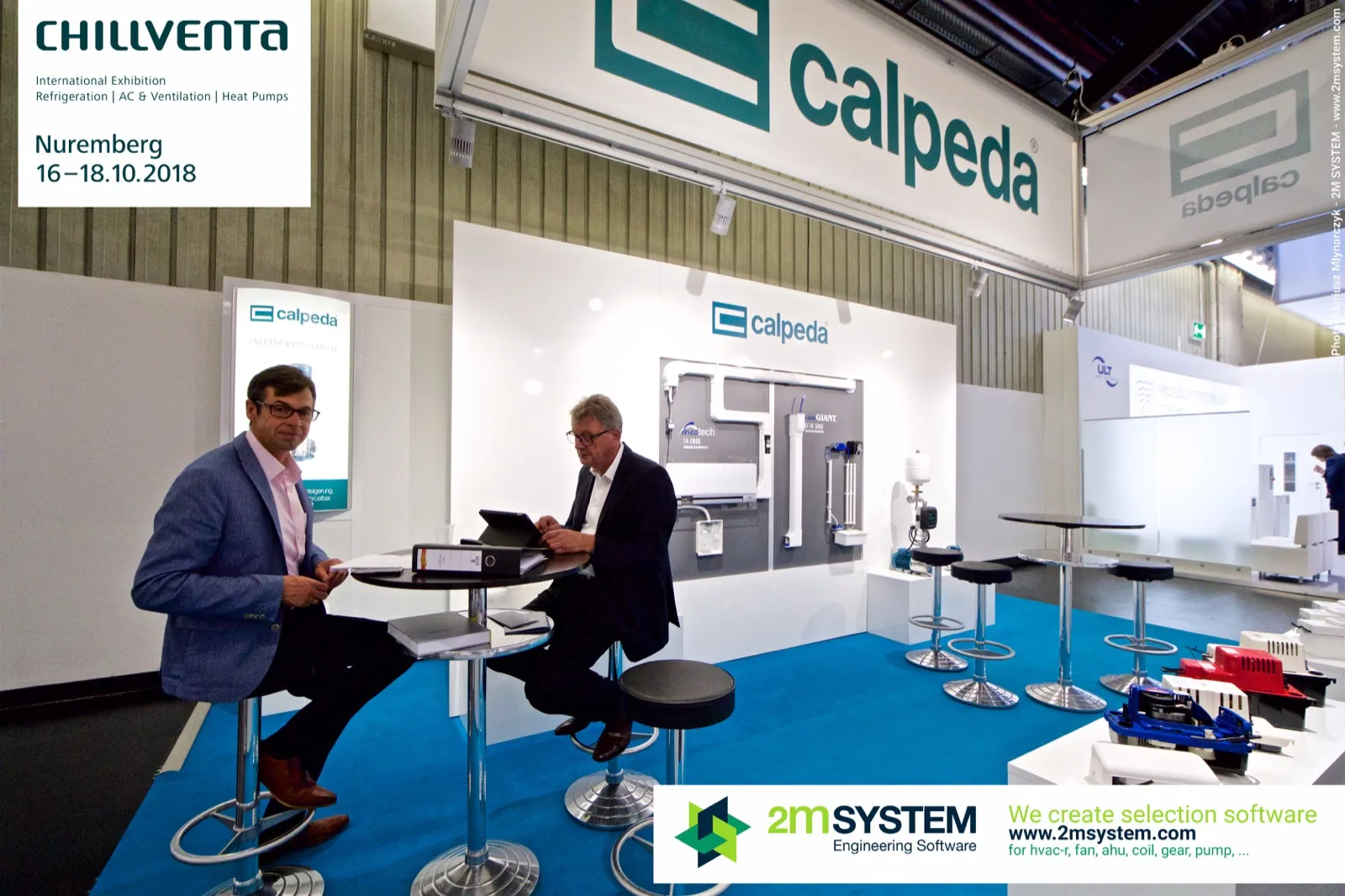 Calpeda stand with condensate pump display wall and meeting tables at Chillventa 2018