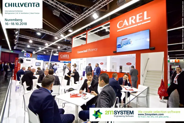 Carel double-deck stand with Connected Efficiency slogan and busy meeting area at Chillventa 2018