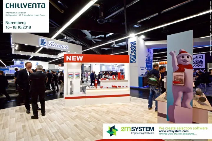 Carly stand with red-framed "NEW" product counter and snowman mascot at Chillventa 2018