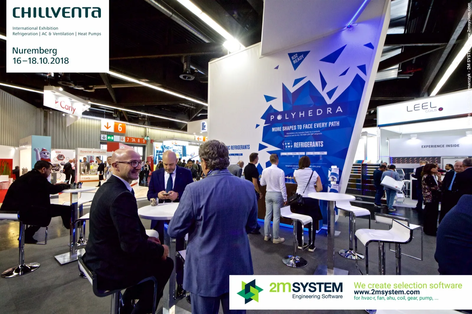 Castel lounge in front of the Polyhedra low-GWP refrigerants wall at Chillventa 2018