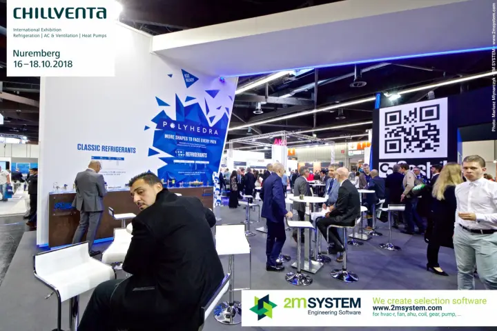 Castel Polyhedra wall and crowded meeting area with white bar stools at Chillventa 2018