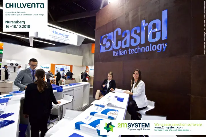 Castel reception desk with brochures below the "Italian technology" logo at Chillventa 2018