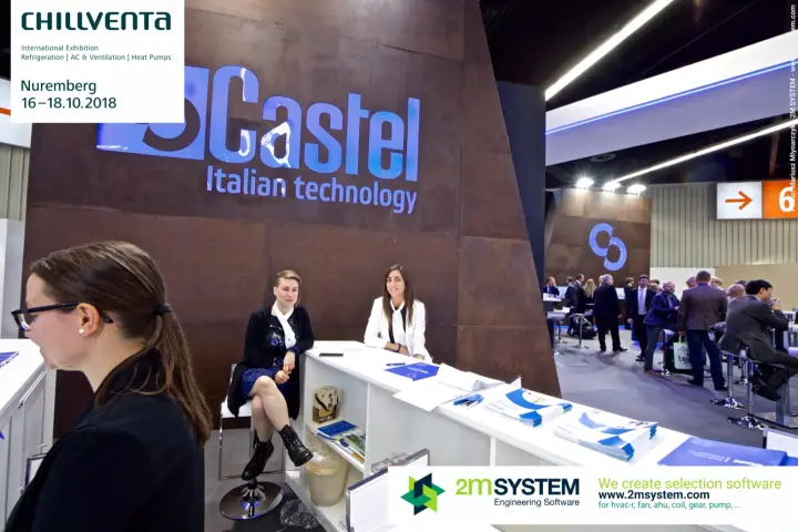 Castel reception staff under the backlit logo with busy meeting area behind at Chillventa 2018