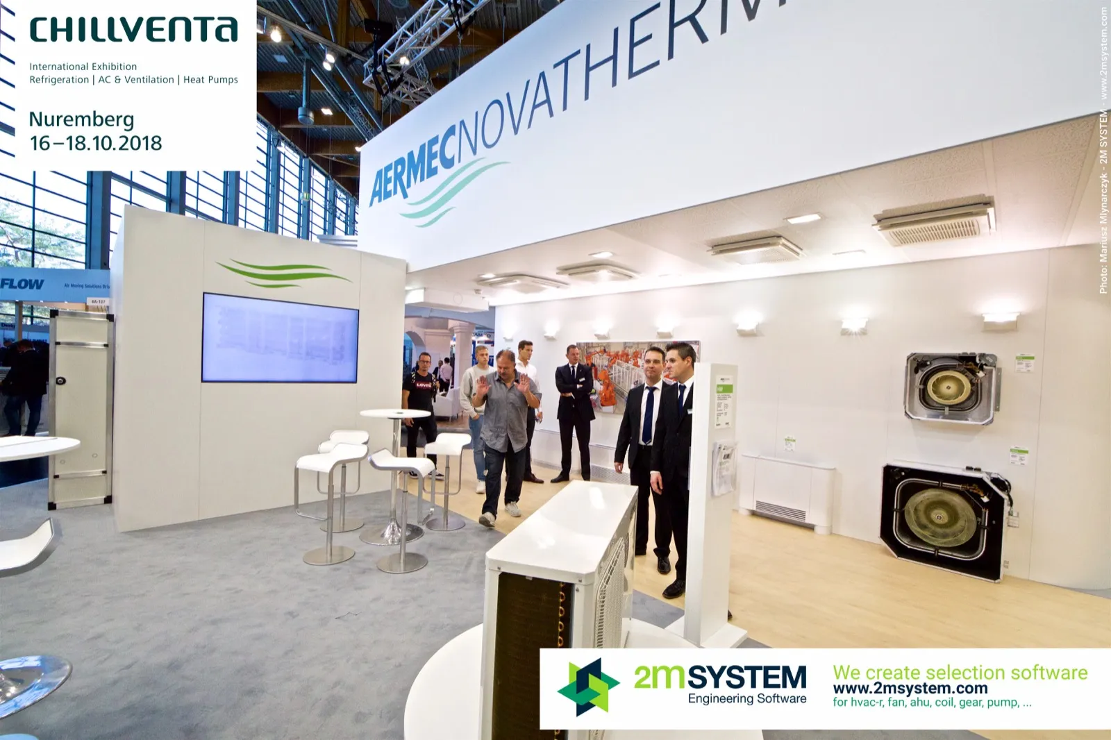 Ceiling cassettes, fan coils and an outdoor unit on a pedestal at Aermec at Chillventa 2018