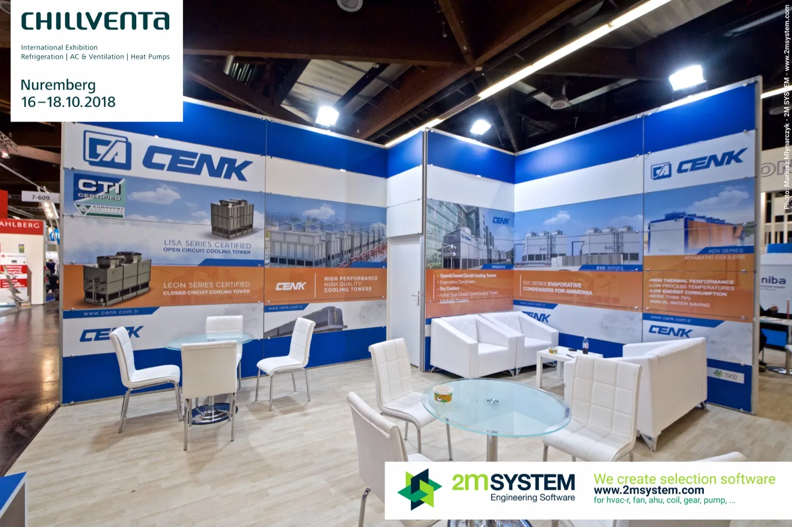Cenk stand with cooling tower graphics and white lounge furniture at Chillventa 2018