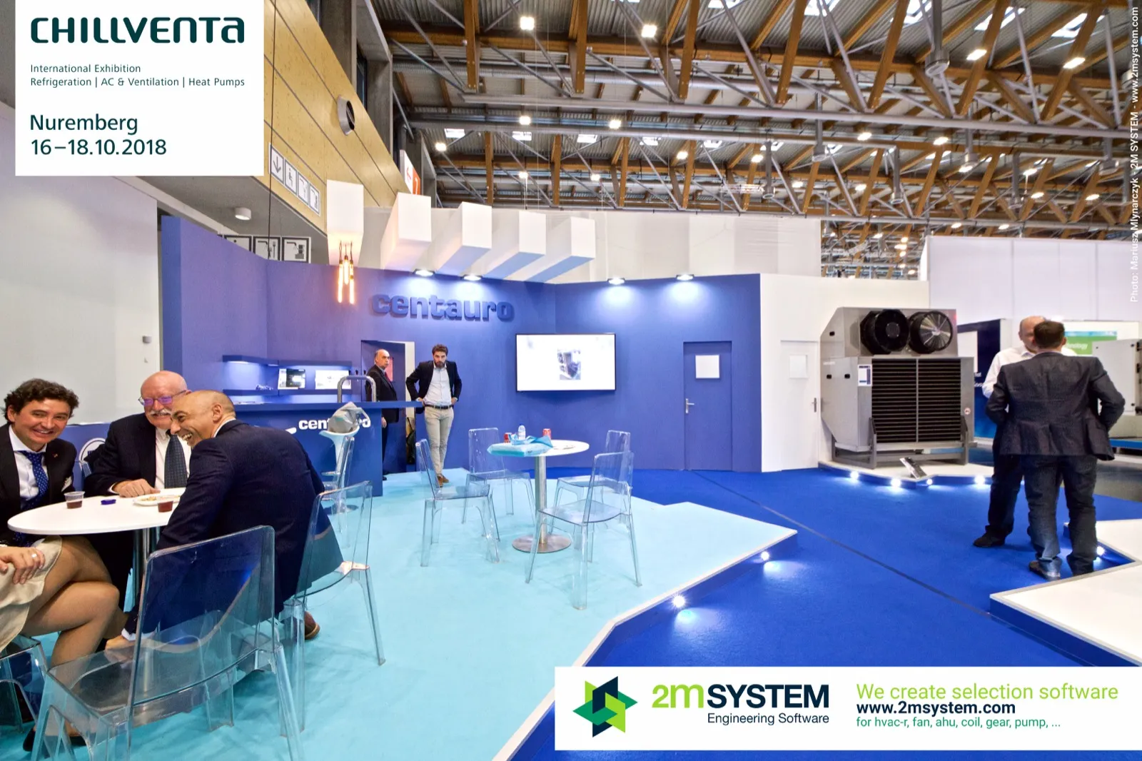 Centauro lounge with transparent chairs and a blue bar area at Chillventa 2018