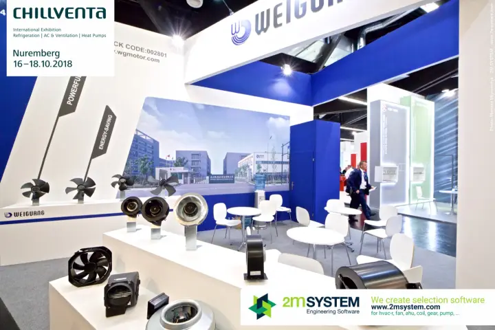 Centrifugal blowers and axial fans lined up on the Weiguang counter at Chillventa 2018