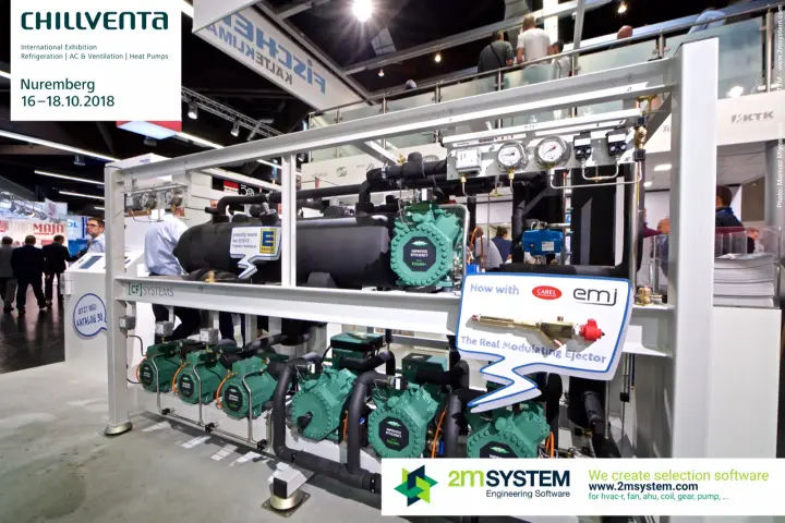 CF Systems compressor rack with sign 'The Real Modulating Ejector' at Chillventa 2018
