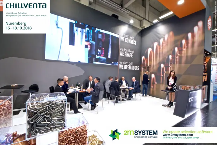 CFT stand with tube bends in acrylic boxes and a large video wall at Chillventa 2018