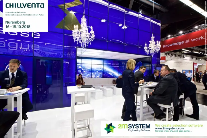 Chandelier-lit lounge with a 'Zukunft spüren' video wall at Ziehl-Abegg at Chillventa 2018