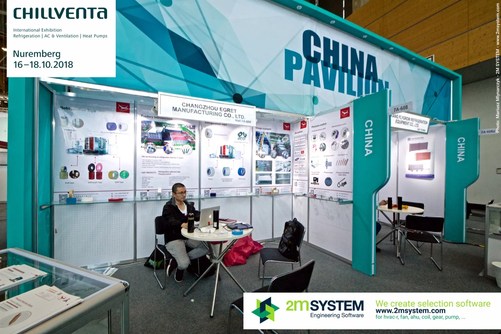 Changzhou Egret shell-scheme booth with refrigeration tape and pressure switch posters at Chillventa 2018