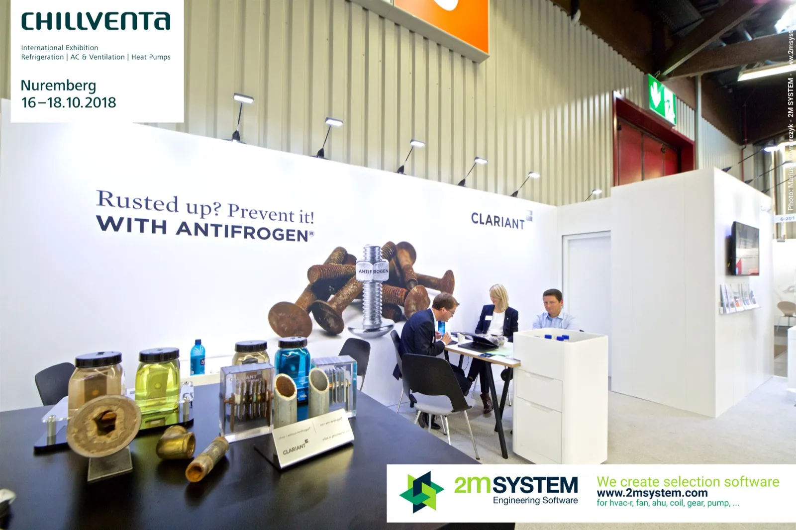 Clariant display of corroded fittings and Antifrogen fluid samples at Chillventa 2018