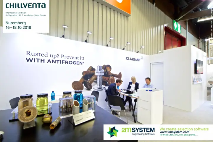 Clariant display of corroded fittings and Antifrogen fluid samples at Chillventa 2018