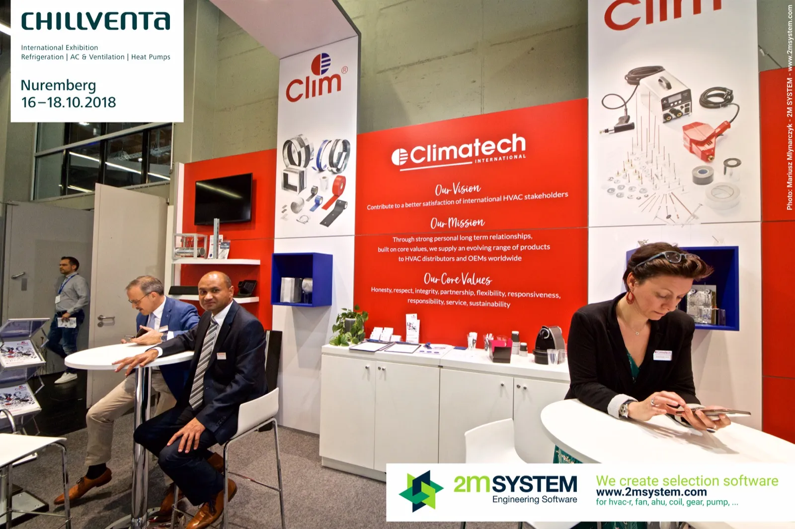 Climatech mission wall with Clim product panels and meeting tables at Chillventa 2018