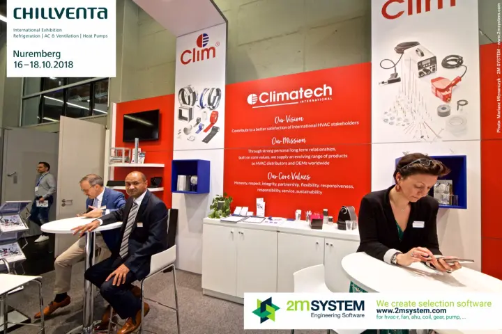 Climatech mission wall with Clim product panels and meeting tables at Chillventa 2018